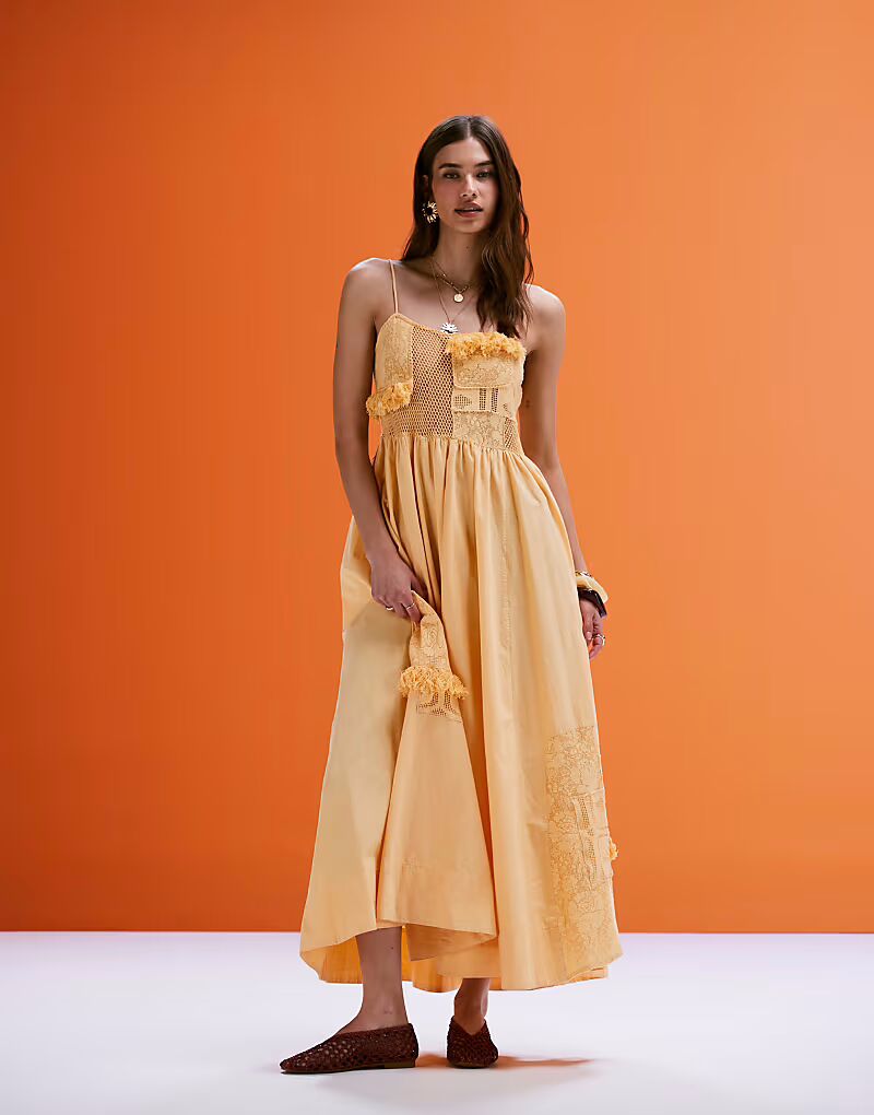 

Платье миди ASOS DESIGN с кружевом и лоскутным кроем желтого цвета