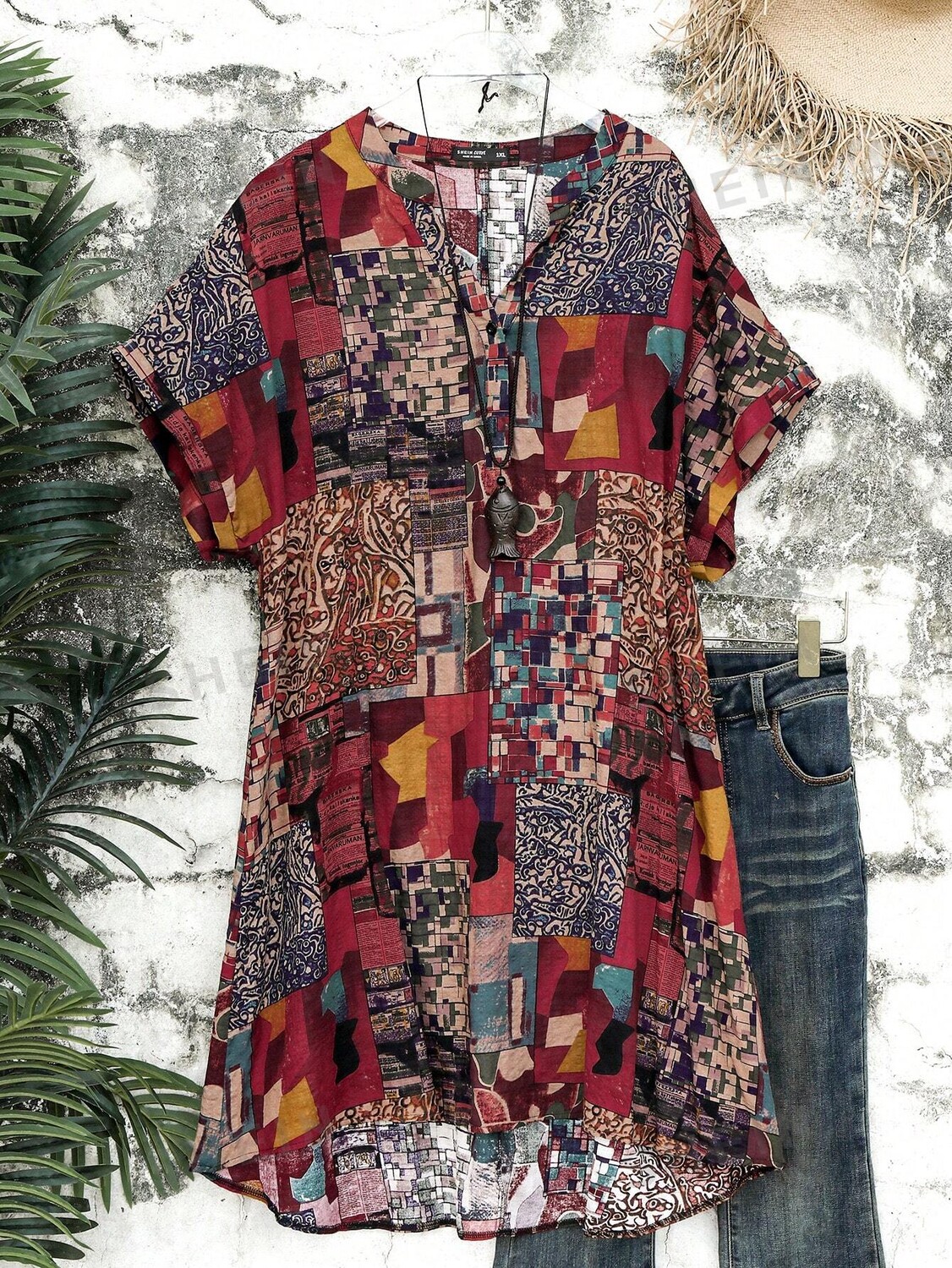 

SHEIN JORESS Повседневное платье больших размеров, широкого кроя, с принтом по всей поверхности и вырезом на воротнике Emery Rose, мультиколор