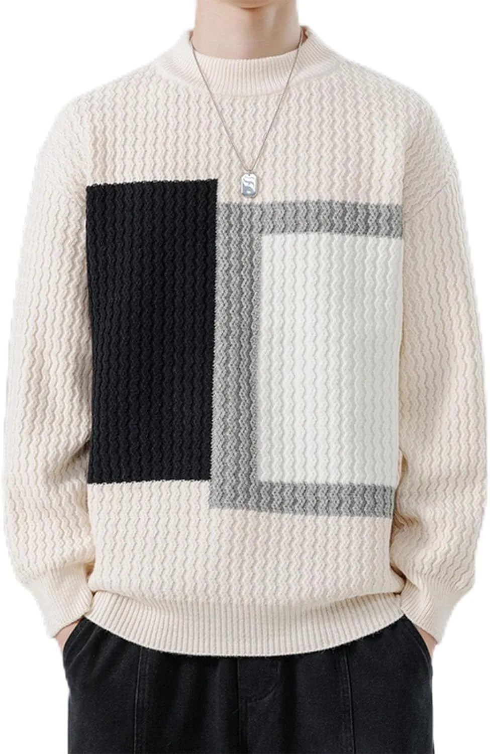 

Мужской свитер с кабельным узором и цветными блоками, длинный рукав, воротник-стойка