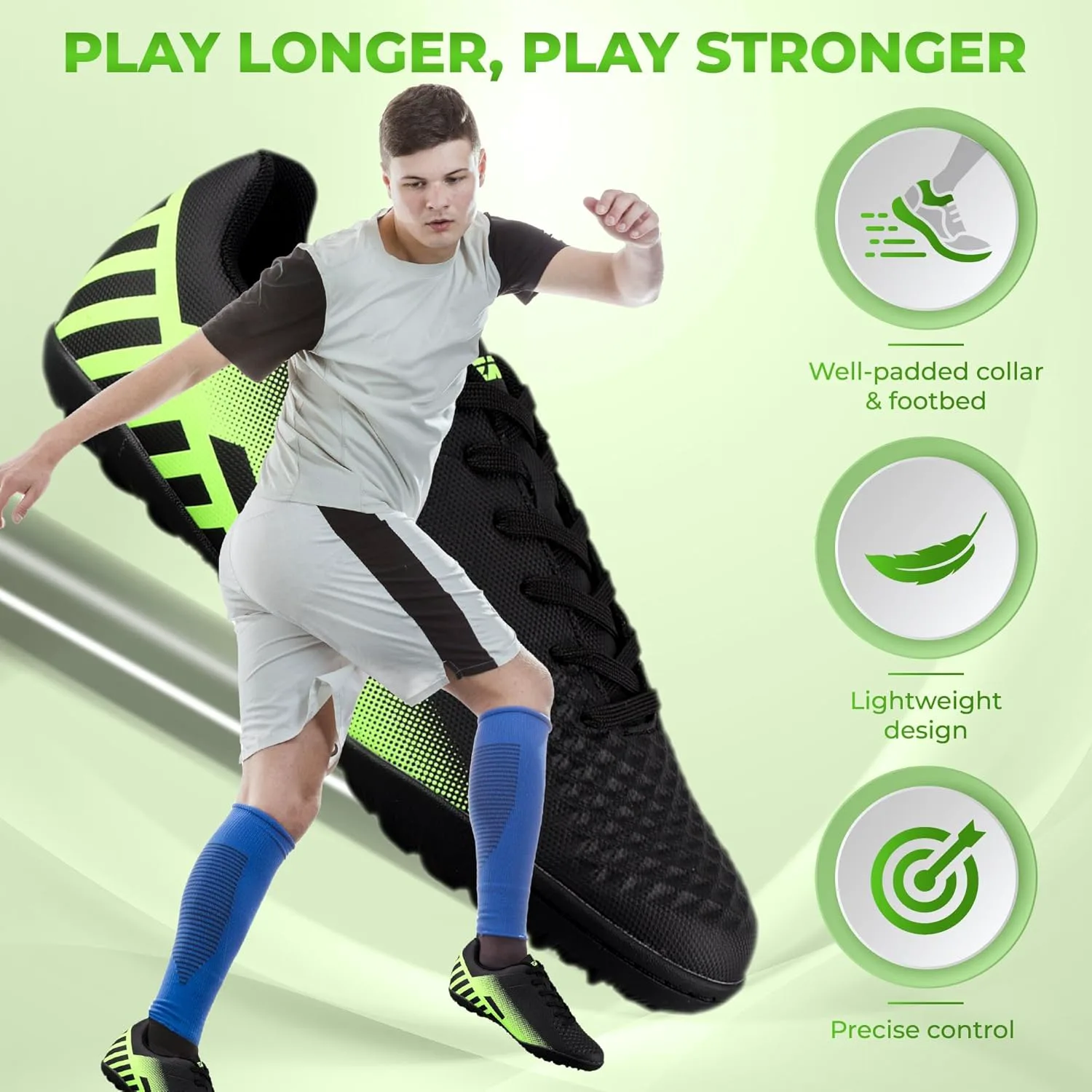 

Футбольные бутсы Vizari Santos Turf для мальчиков и девочек | Атлетические бутсы с долговечным двухцветным синтетическим верхом | Молодежные футбольные бутсы с формованной резиновой подошвой | Отличное сцепление на травяном покрытии, черный/зеле...