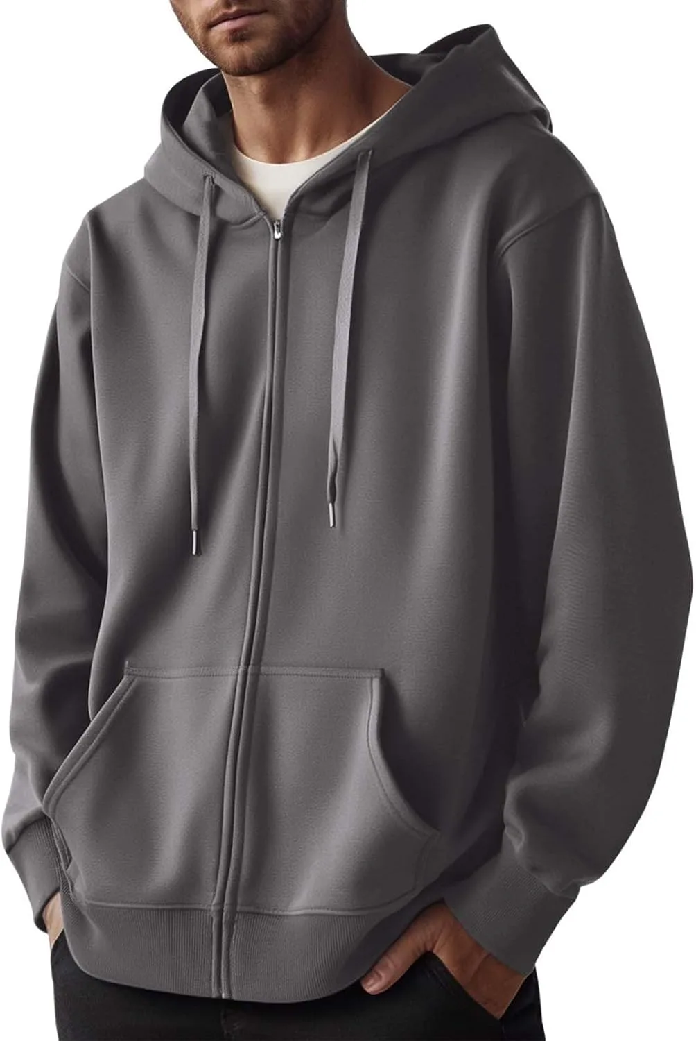Толстовка с капюшоном Zip Up в стиле Anime для мужчин, модная, с длинными рукавами, повседневная, с капюшоном, для тренировок и колледжа, на флисовой подкладке, пуловер Generic, светло-серый — фото 3
