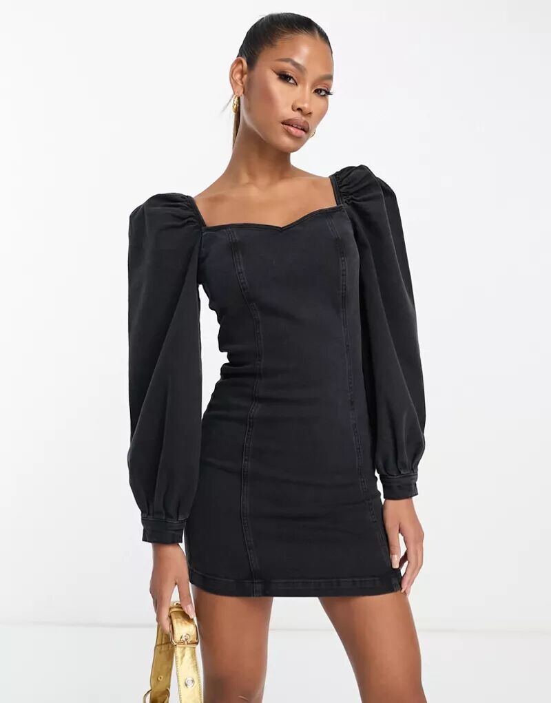

Черное джинсовое платье мини с пышными рукавами ASOS