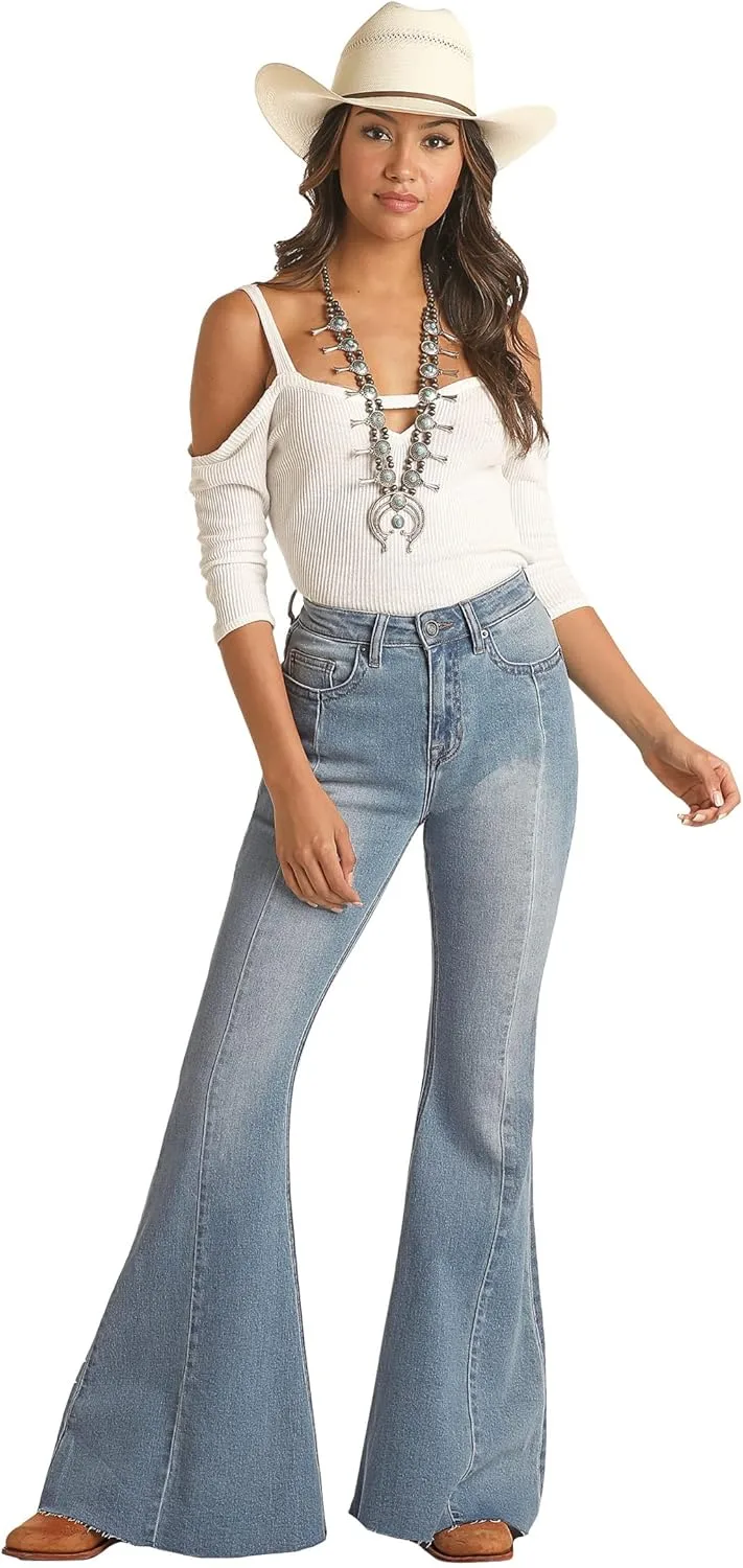 

Джинсы Rock and Roll Cowgirl High-Rise Distressed Bell Bottom в светлой стирке RRWD7HRZTT