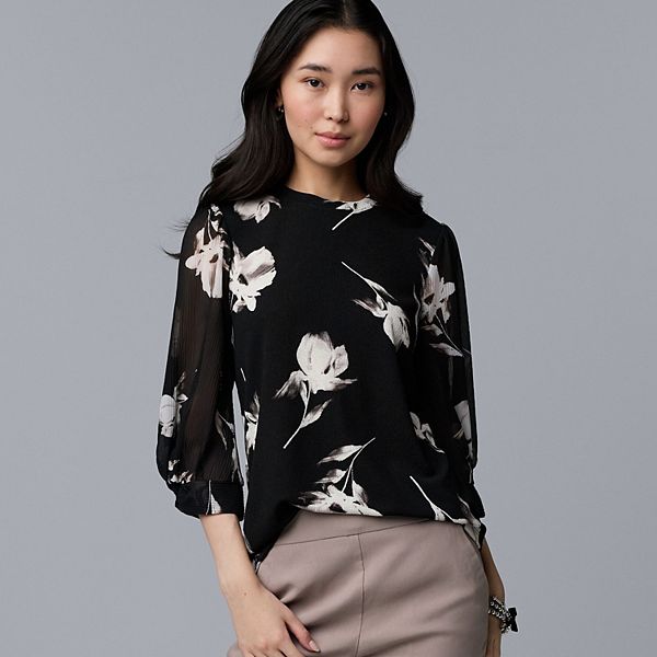 

Женский топ с комбинированными материалами и скрученными рукавами Simply Vera Vera Wang, Black White Floral