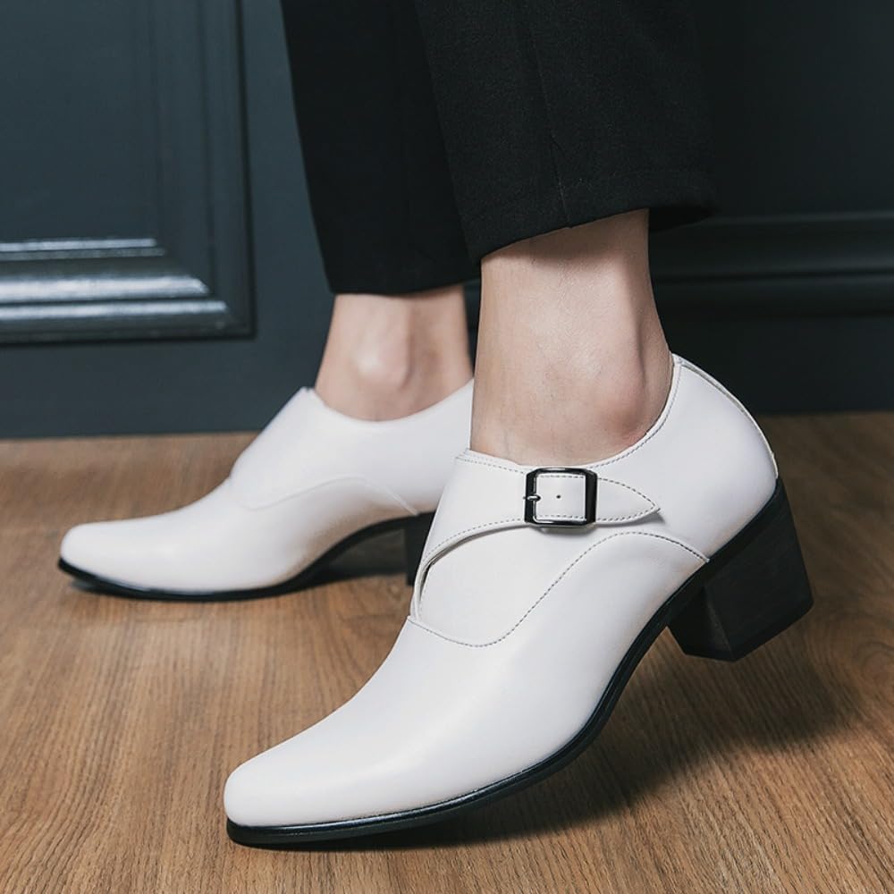 Мужские туфли Monk Strap Классические Ретро Формальные Деловые Лоферы Легкие Кожаные Слипоны Комфортные С Высоким Каблуком Однотонные Заостренные Носки С Пряжкой Для Офиса Оксфорды Повседневные Элегантные Свадебные Обувь Geerta, белый — фото 4