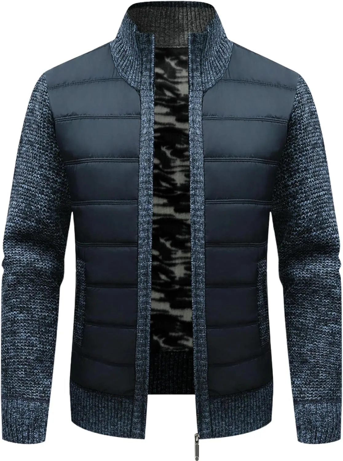 

Мужской утепленный кардиган с воротником стойкой и цветными блоками YEBAITOU