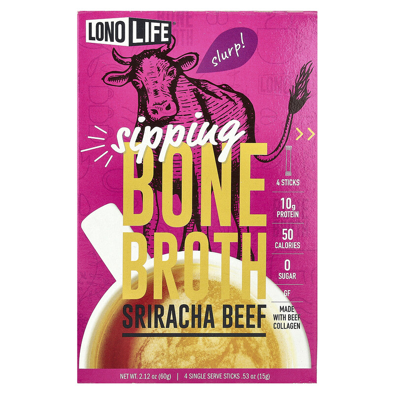 

Lonolife, Sipping Bone Broth, говядина шрирача, 4 порционные палочки, 15 г (0,53 унции)