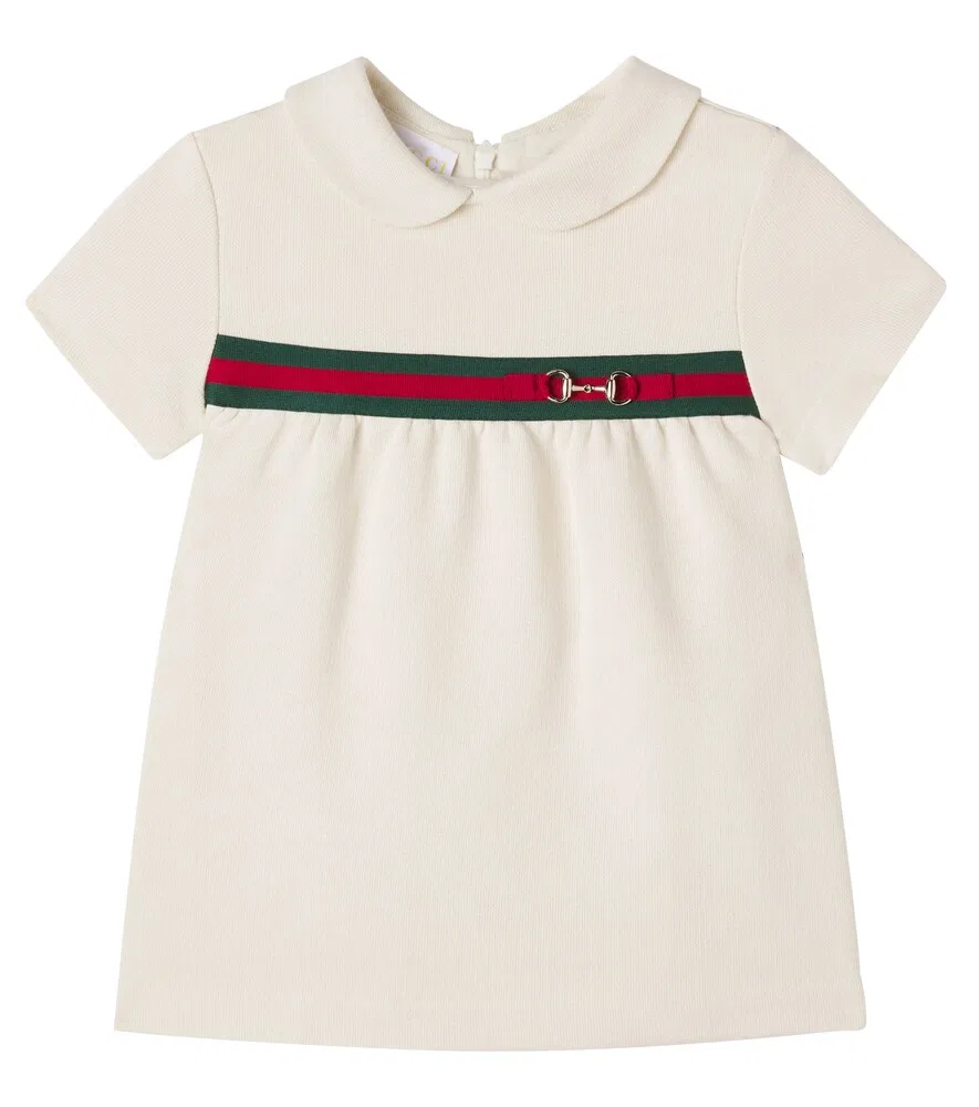 Хлопковое платье Baby Horsebit Web Stripe Gucci Kids, бежевый