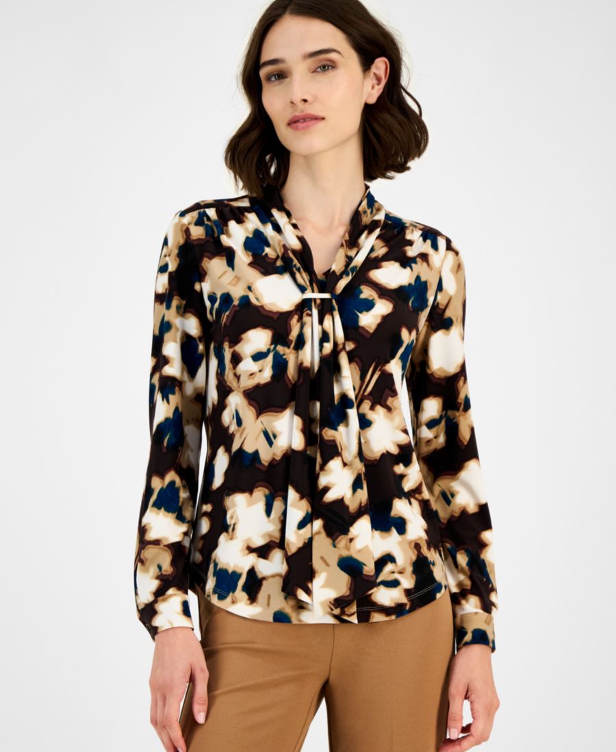 

Женская блузка с воротником-шарфом и принтом, размеры P/XXS-XXL Anne Klein, Deep Mahogany Multi