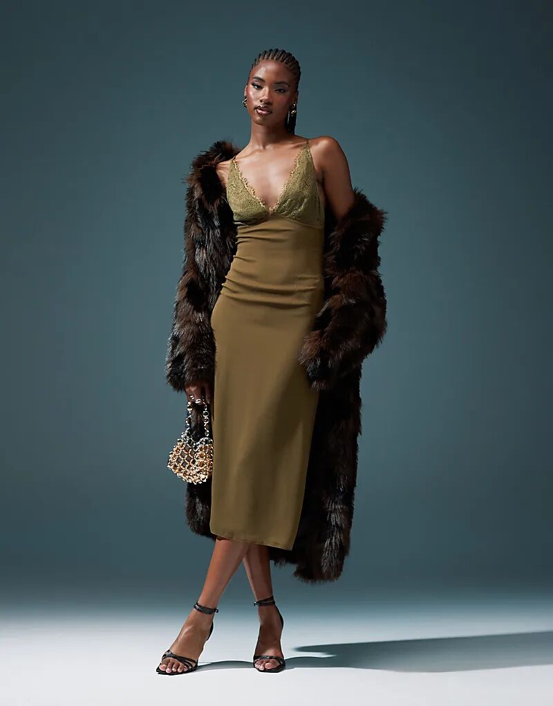 

Кружевное платье миди цвета хаки ASOS DESIGN