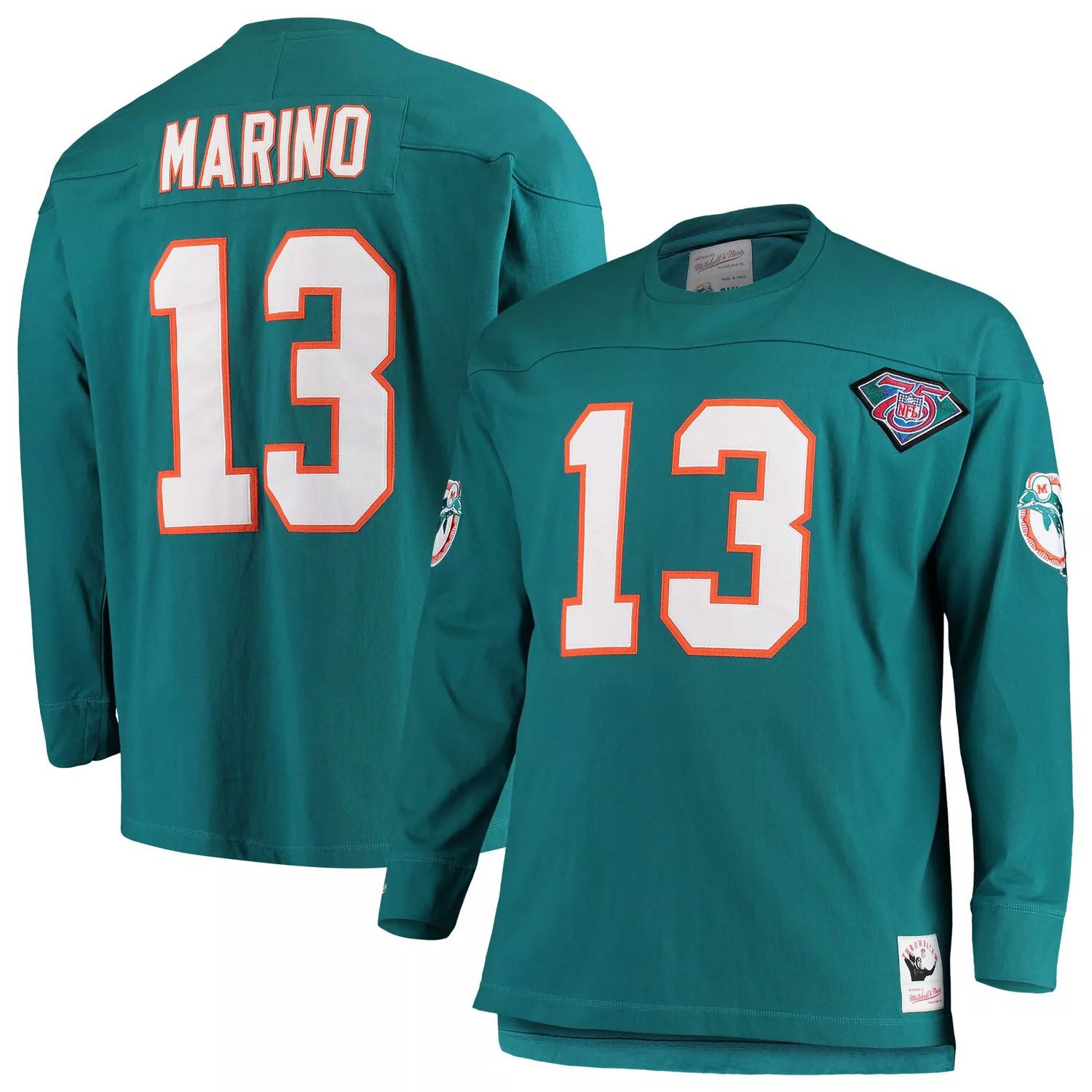 

Мужская футболка с длинными рукавами Mitchell & Ness Dan Marino Aqua Miami Dolphins Big & Tall, имя и номер игрока в отставке