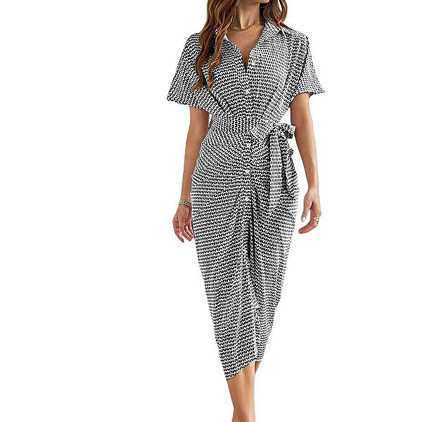 

Женское платье-рубашка миди с V-образным вырезом, короткими рукавами и поясом Yesfashion, Black