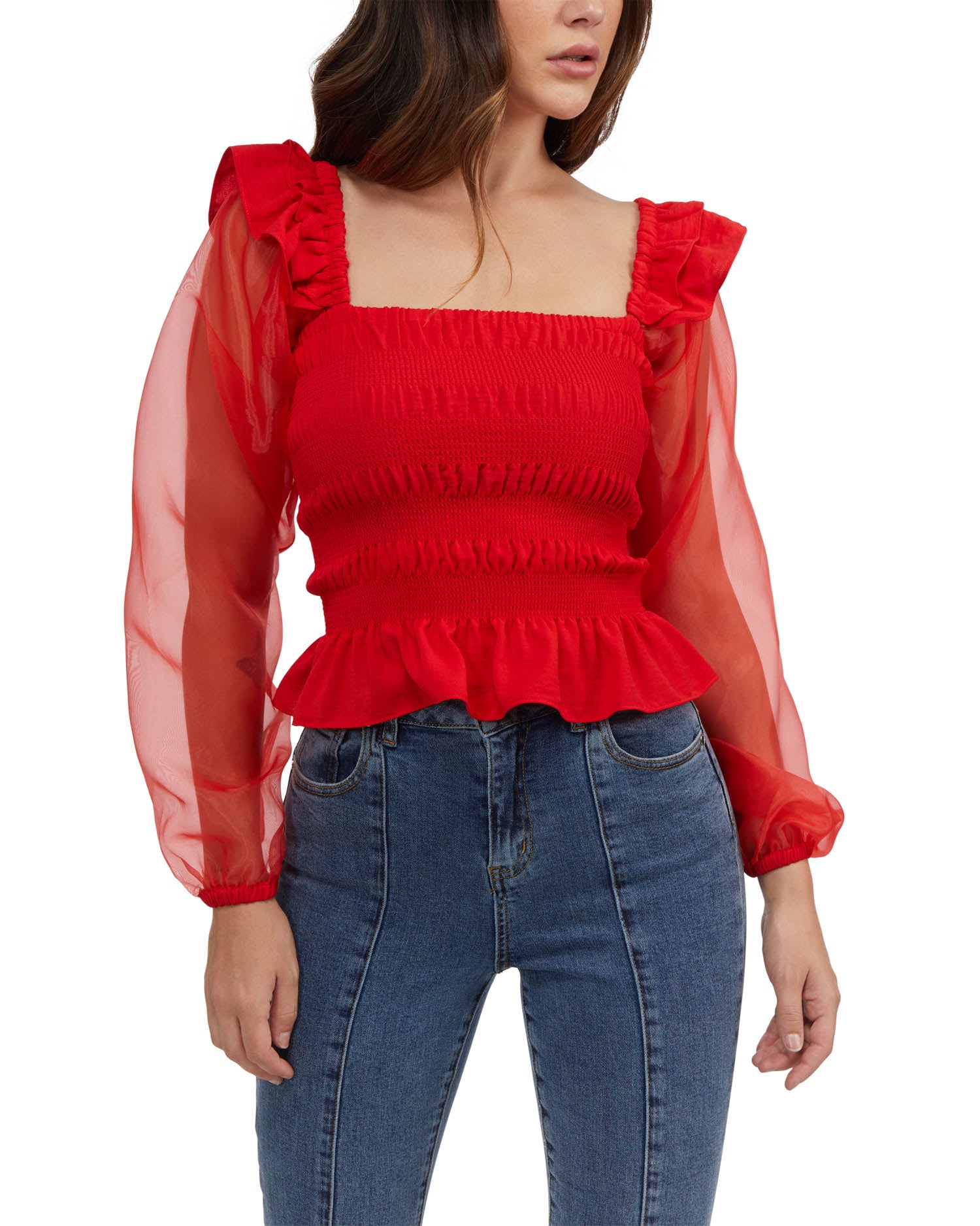 

Женский топ Bebe с присборенными рукавами из шифона, цвет poppy red
