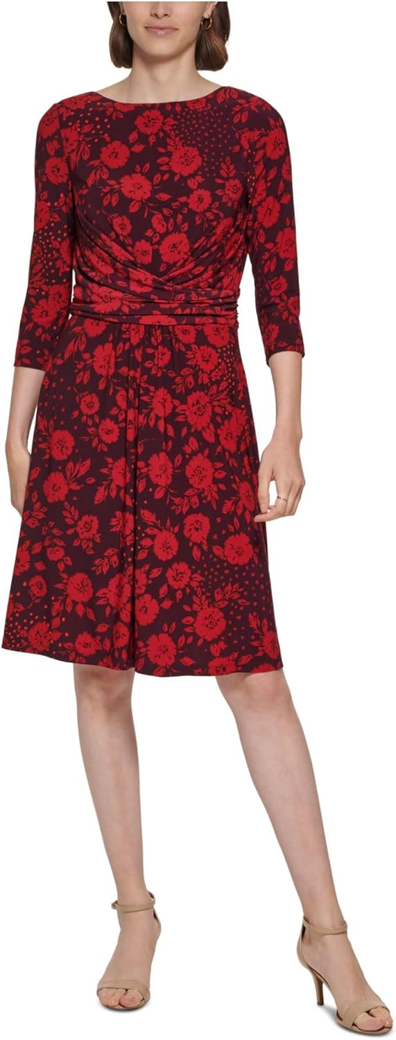 

Женское трикотажное платье Tommy Hilfiger с рукавами 3/4, облегающим силуэтом и расклешенной отделкой, с запахом, Winetasting/Chili Pepper