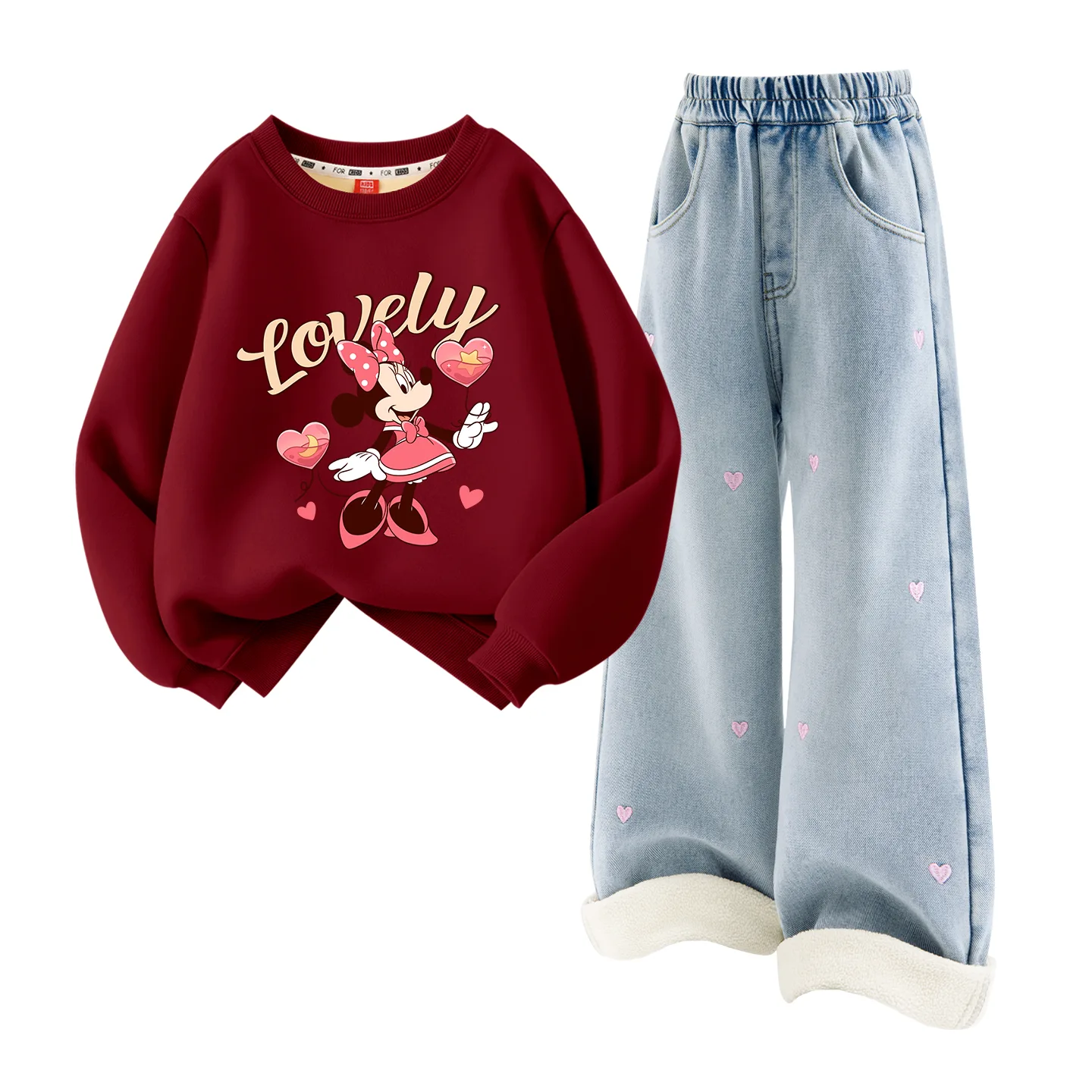 Детский спортивный костюм с круглым вырезом Disney, [Thickened and Fleece-Lined]Di Hidden Burgundy+Solid Color Denim Light Blue — фото 4