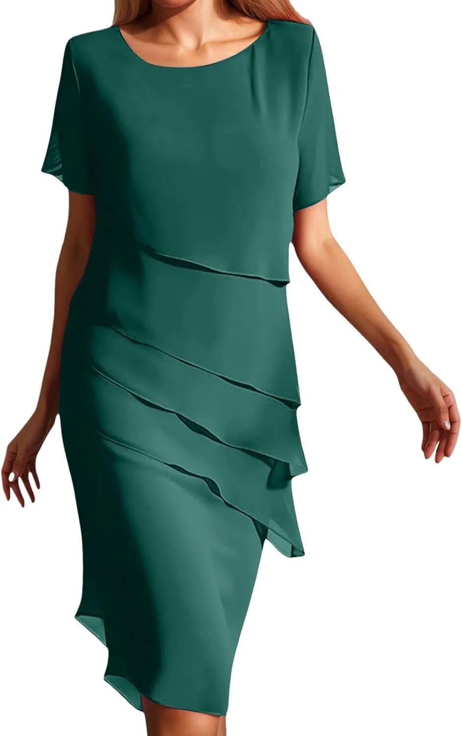 Повседневные летние платья для женщин: лоскутное шифоновое платье с круглым вырезом и короткими рукавами, платье для вечеринки в саду, удобное струящееся летнее платье Generic, зеленый