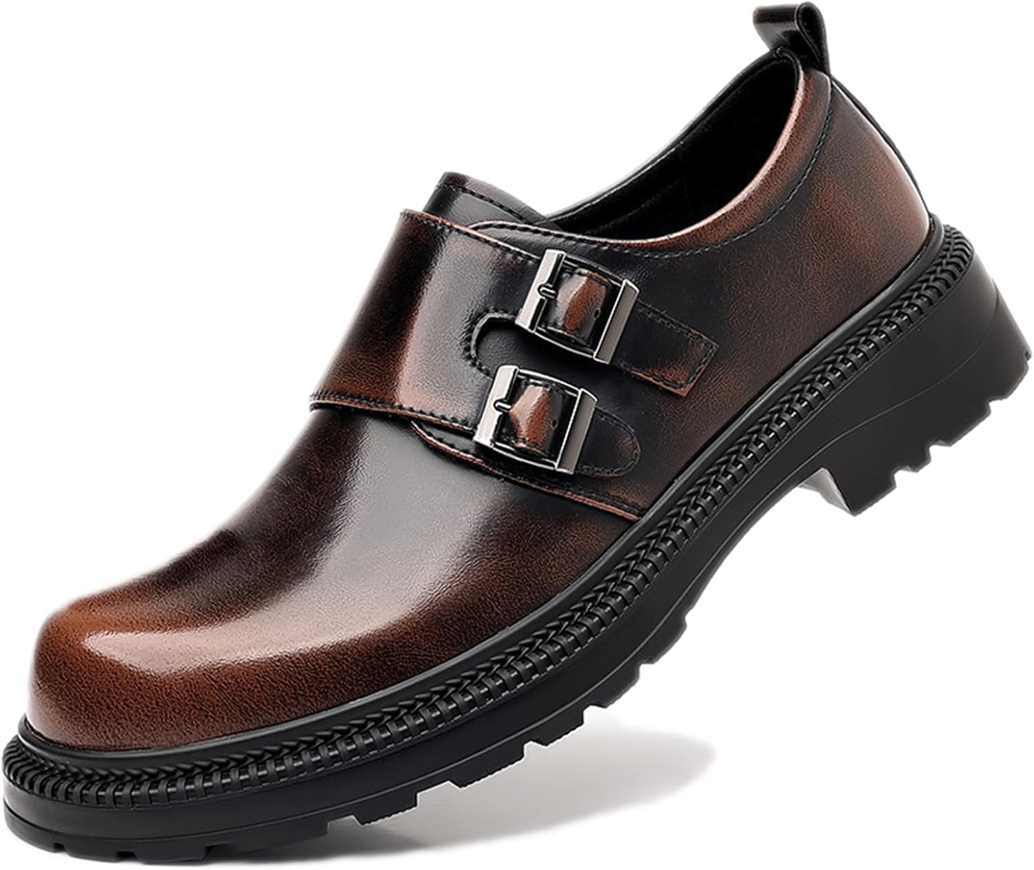 

Мужские кожаные лоферы с двойной пряжкой, платформой и низким массивным каблуком, ретро-цвет, круглый носок, удобные, без шнурков, с противоскользящей подошвой, дерби, для бизнеса, свадеб, повседневной носки и свиданий Adkgbe, коричневый