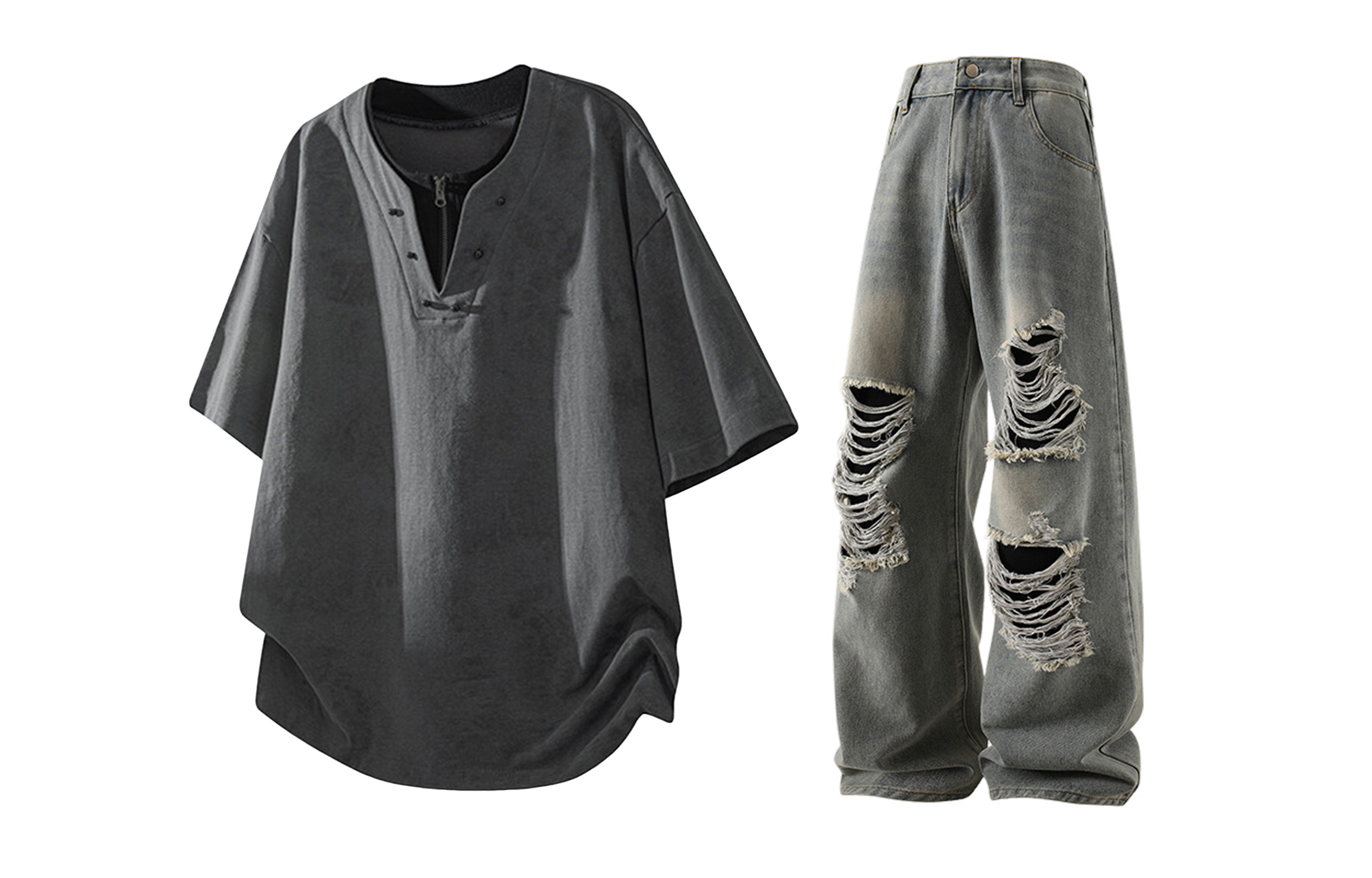 

Повседневная спортивная одежда Unisex V-образный вырез Moderate X1617, серый tie-dye short-sleeved+vintage синий ripped jeans