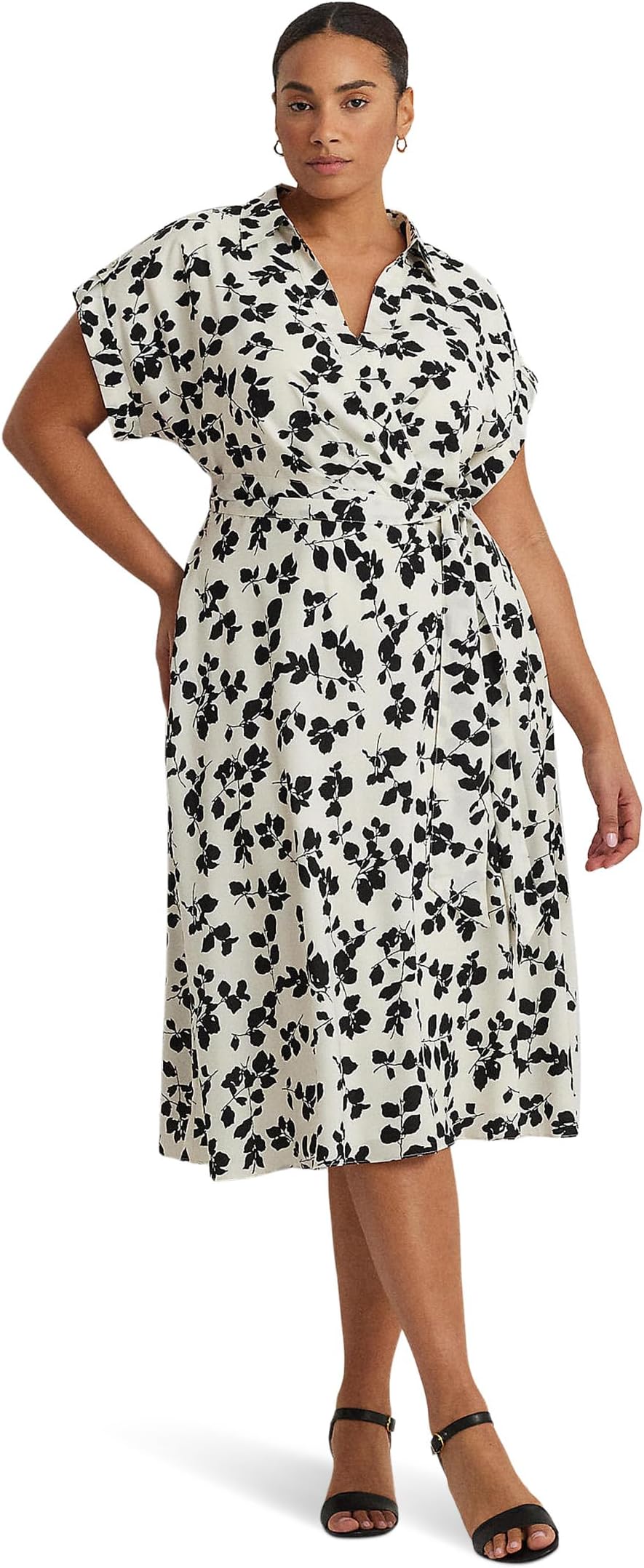 

Платье Lauren Ralph Lauren Plus-Size Leaf-Print Belted Crepe Dress, цвет Cream/Black