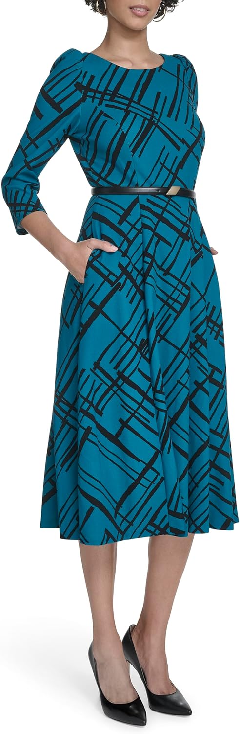 Женское платье-трапеция Calvin Klein с рукавами три четверти и поясом, Emerald/Black — фото 3