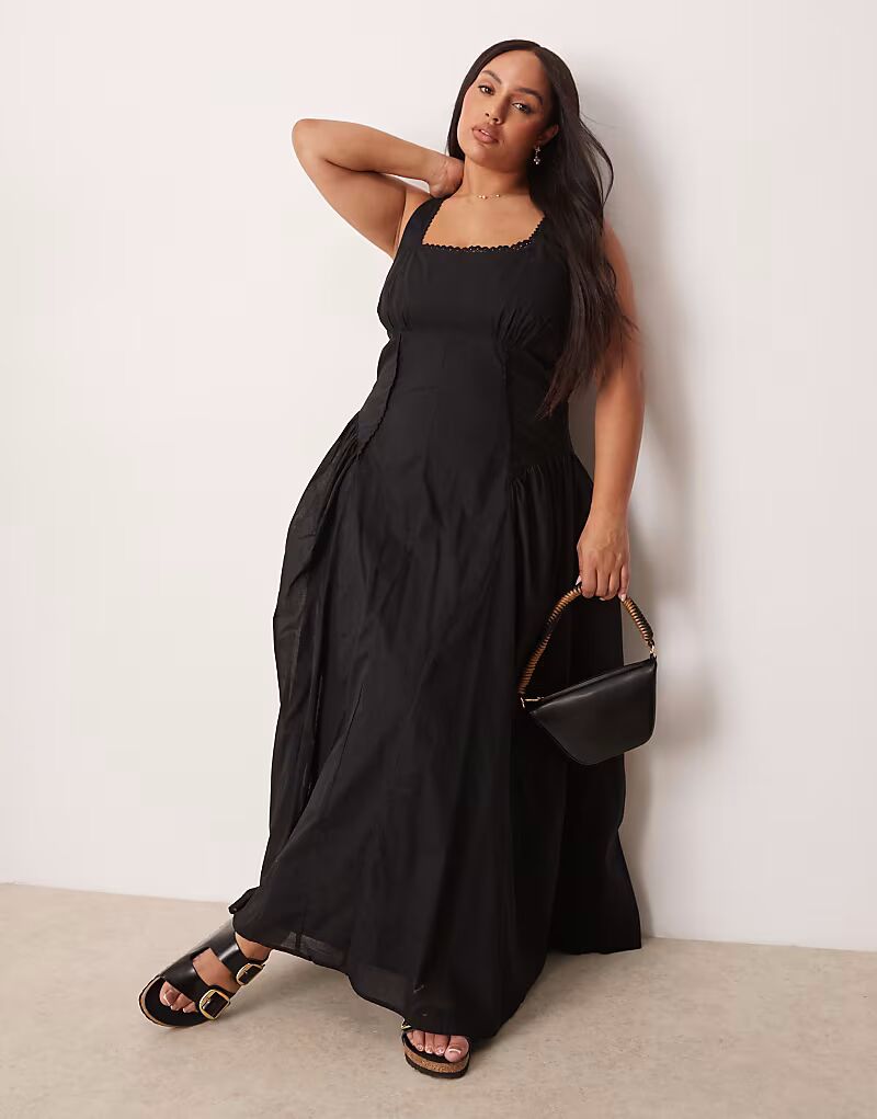 

Платье макси ASOS DESIGN Curve Prairie с квадратным вырезом и заниженной талией черного цвета ASOS Curve