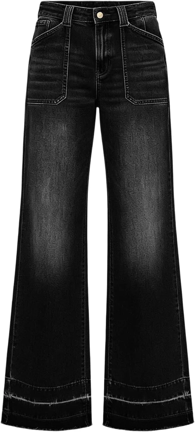 Джинсы прямые свободные с высокой талией, U004- Black — фото 4