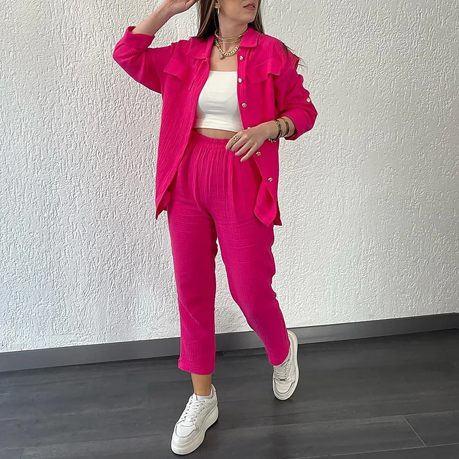 Блуза, свободная, с запахом, длинным рукавом, Casual Set, ярко-розовый — фото 3