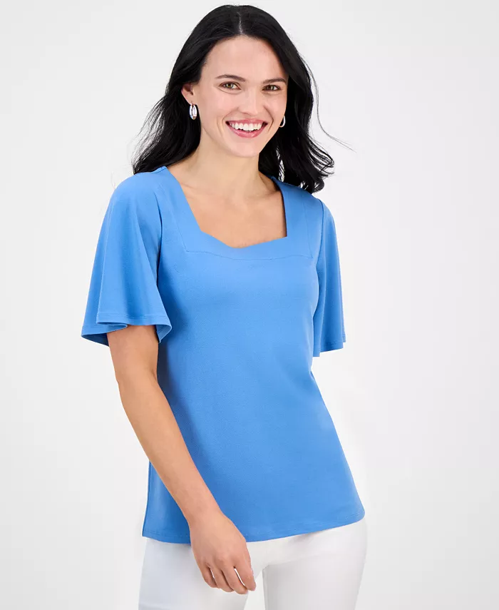

Топ с квадратным вырезом и расклешенными рукавами Petite JM Collection, синий