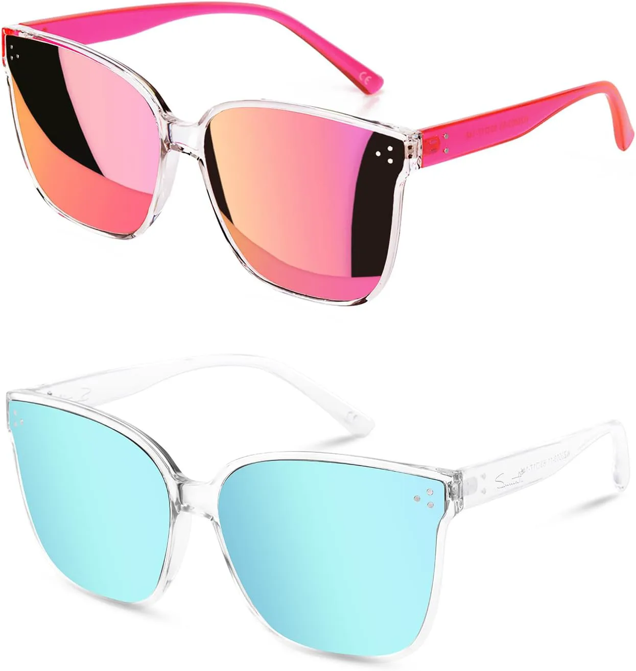 

Женские солнцезащитные очки Sumato, большие розовые солнцезащитные очки для женщин с модными зеркальными линзами, блокирующими УФ-излучение UV400, Pink+light Blue