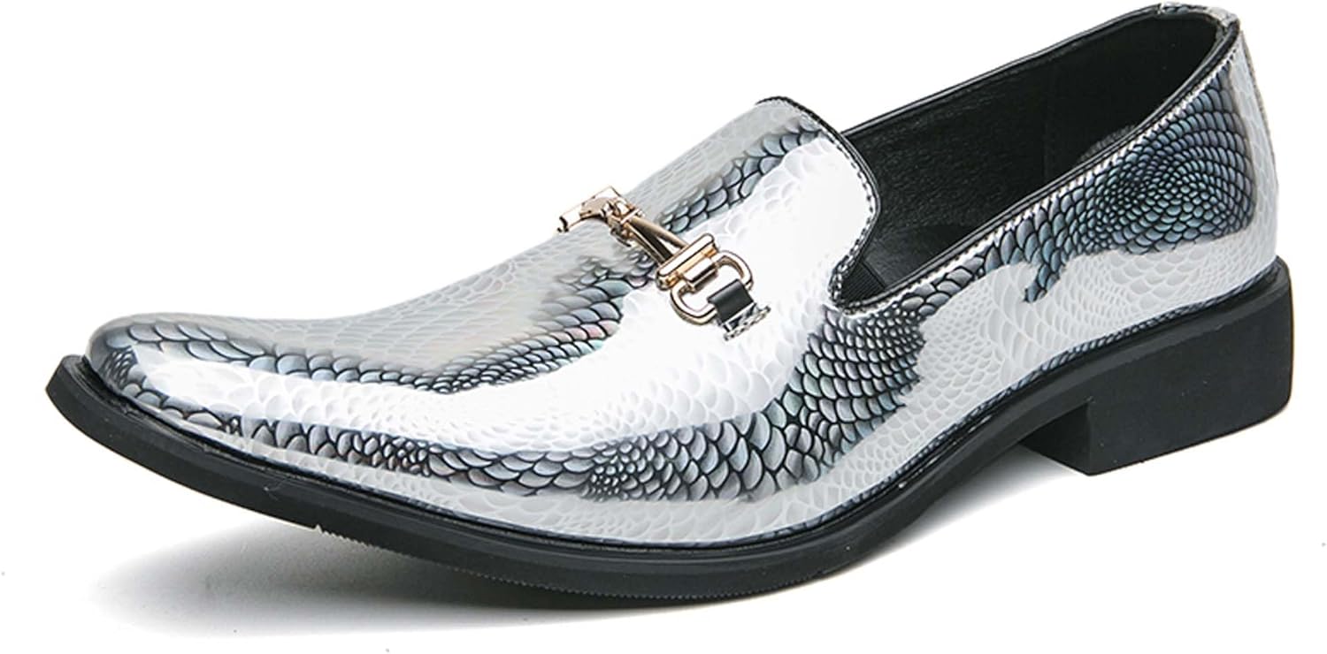 

Мужские мокасины на каждый день, повседневная кожаная обувь, модные туфли с заостренным носком, блестящим змеиным узором и отделкой, челси. Мужские формальные лоферы, подходят для повседневной носки Vtiao, серебро