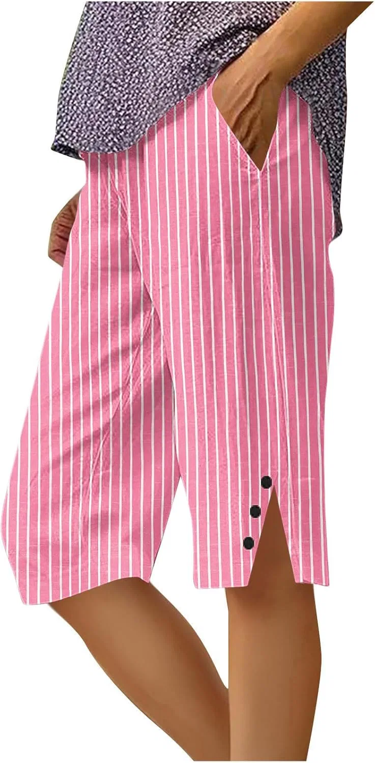 Женские капри из хлопка и льна, прямые широкие, на резинке, Watermelon Red