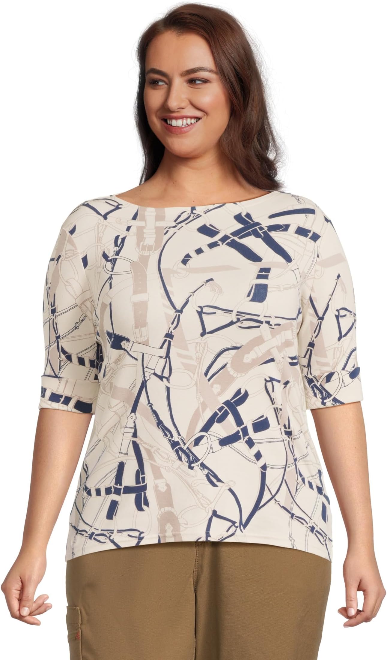 

Футболка Lauren Ralph Lauren Plus Size Belting-Print Cotton Boatneck Tee, цвет Cream/Navy Multi