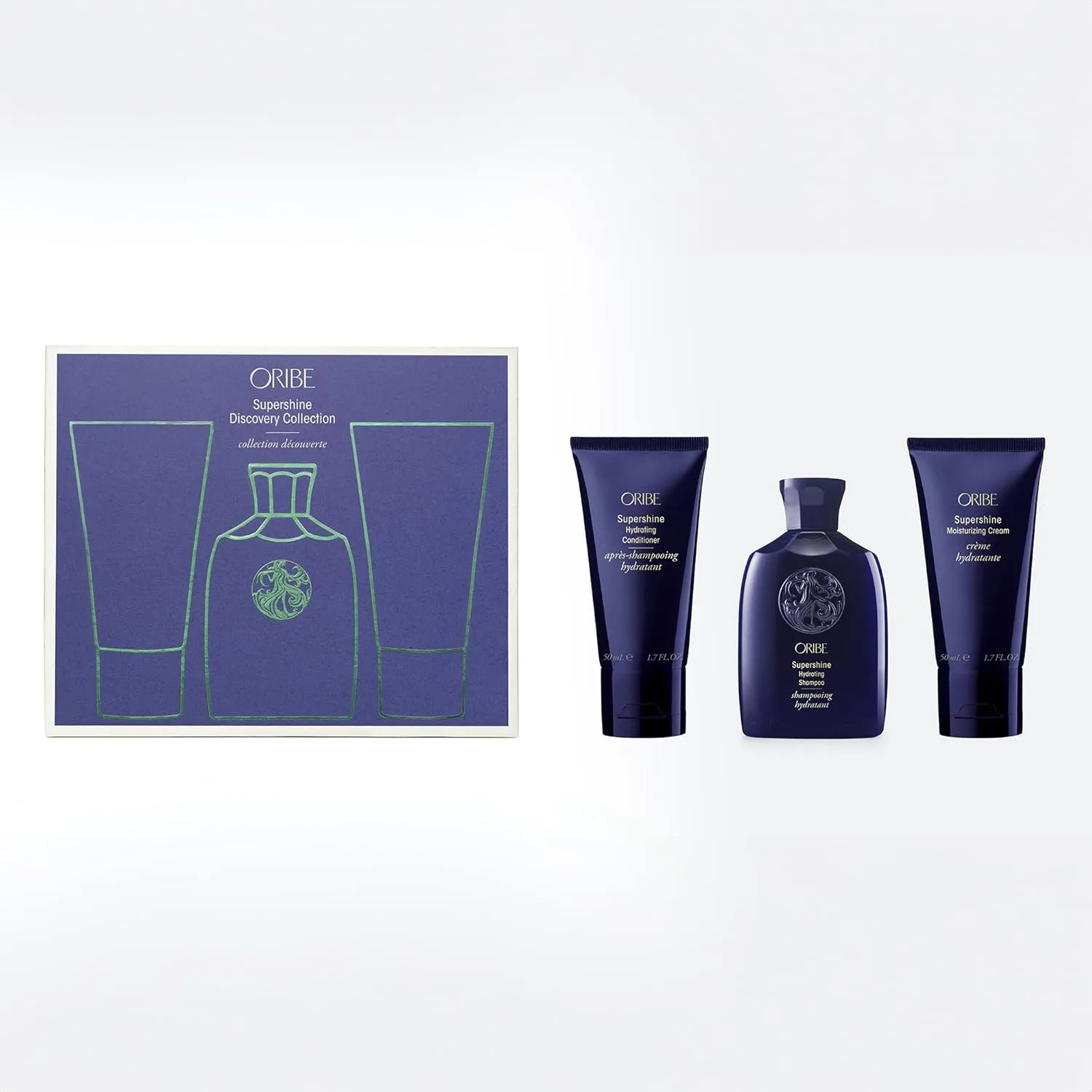 Набор Oribe Supershine Discovery для волос в дорожном размере: увлажняющий шампунь (74 мл), кондиционер (50 мл) и увлажняющий крем (50 мл) - смягчает, придает блеск, разглаживает пушистость Oribe Hair Care