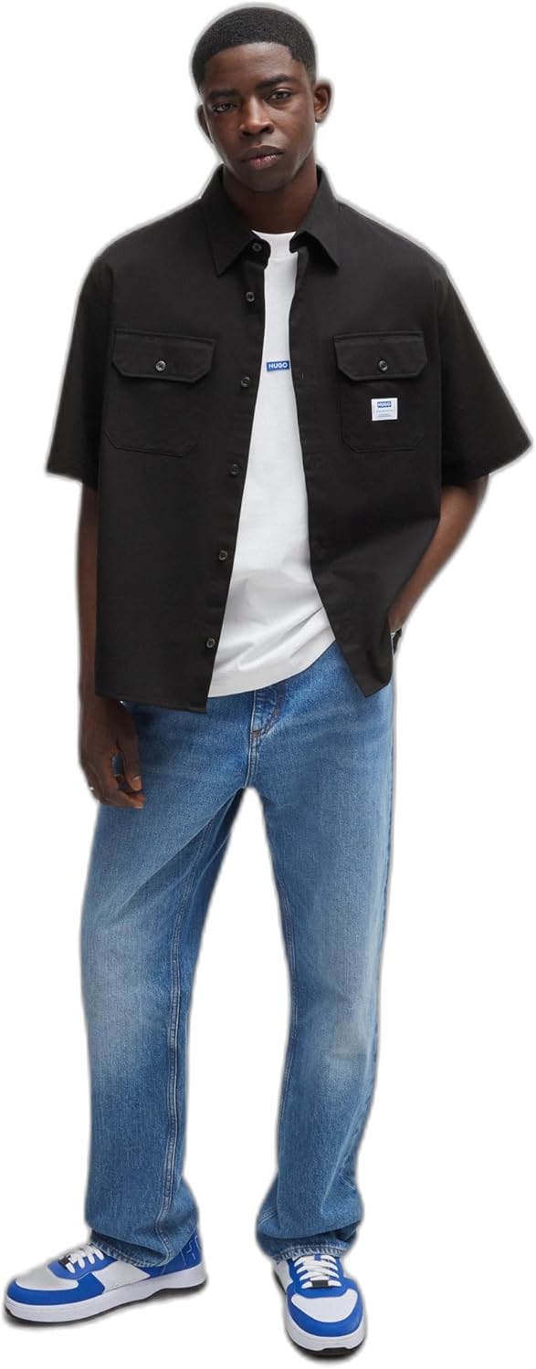 

Хлопковая твилловая рубашка с коротким рукавом и накладным карманом HUGO, Black