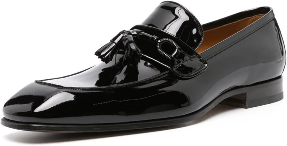 

Мужские лоферы FOWT с глянцевой отделкой, квадратным носком и кисточками, низкий каблук, без застежки, повседневная обувь для прогулок, размеры 4-16 US, черный