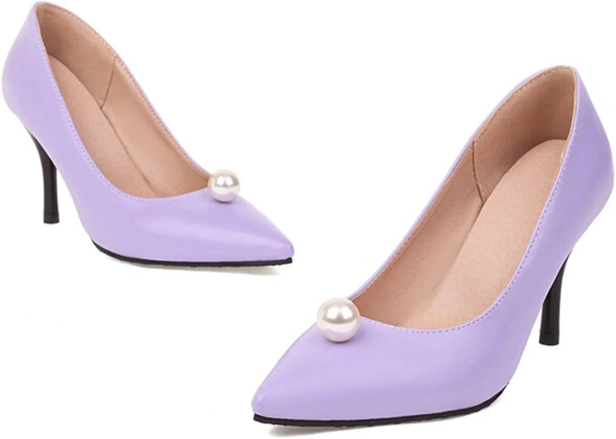 Шлепанцы с блестками Feste Farben Leder Perle Dekoration Spitzer Zeh Dünne Высокий каблук lässige Einzelschuhe Weitfit Hochzeitsschuhe Generic, Purple — фото 3