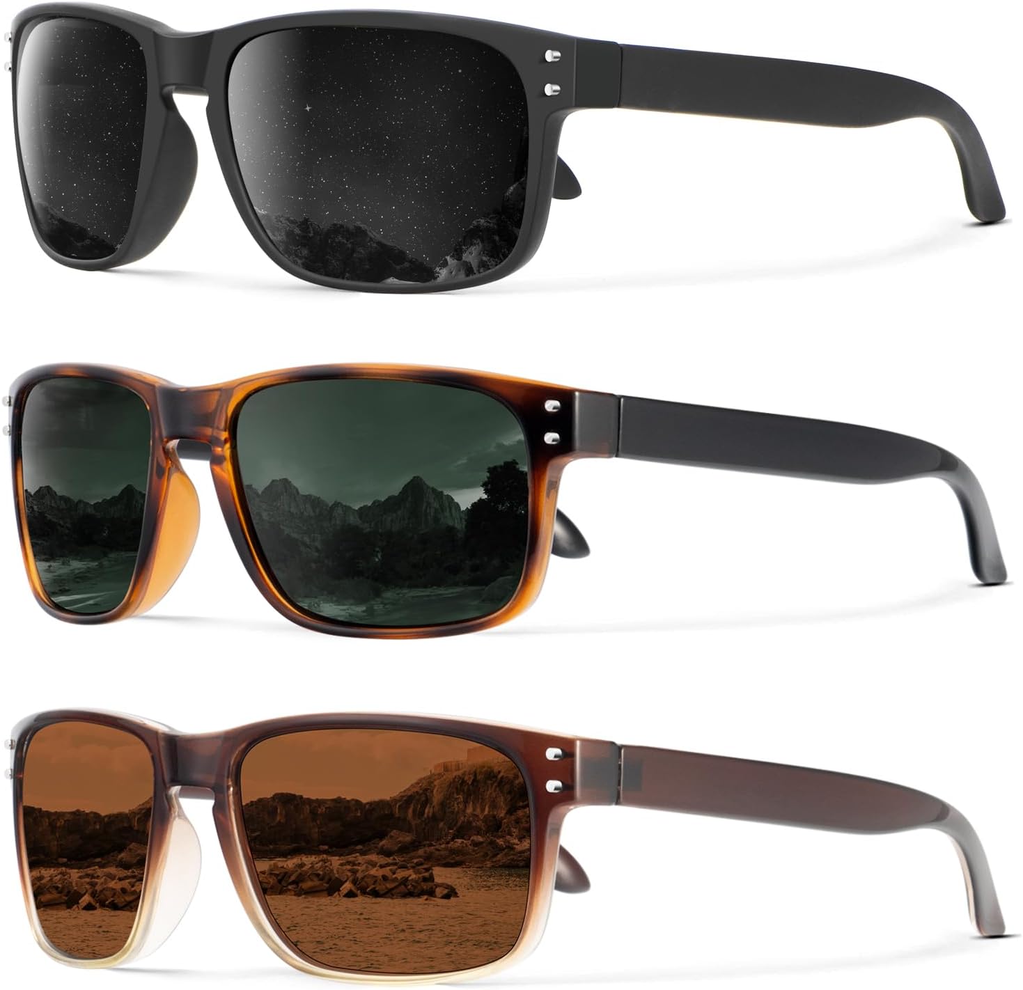 

Поляризованные солнцезащитные очки KALIYADI для мужчин и женщин в винтажном стиле, подходят для рыбалки, бега, вождения и защиты от УФ-излучения, (3 Pack) Grey/G15/Brown