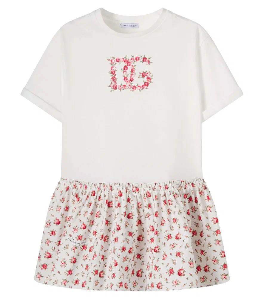 Хлопковое платье DG с цветочным принтом Dolce&Gabbana Kids, белый