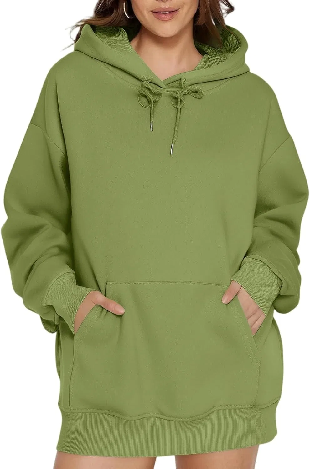 Женская толстовка оверсайз с капюшоном, флисовая, с карманами, A006- Green