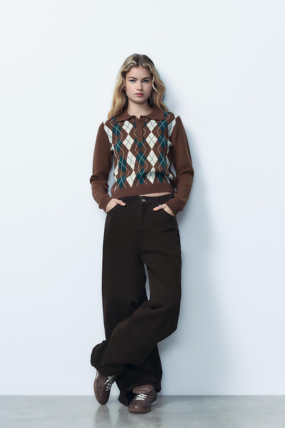 

Свитер поло с жаккардовым узором argyle ZARA, коричневый