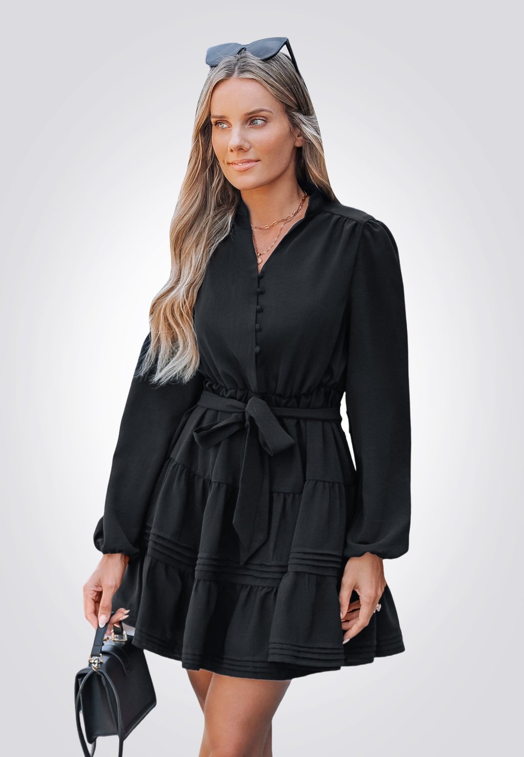 

Повседневное платье BELTED BUBBLE SLEEVE Cupshe, черный