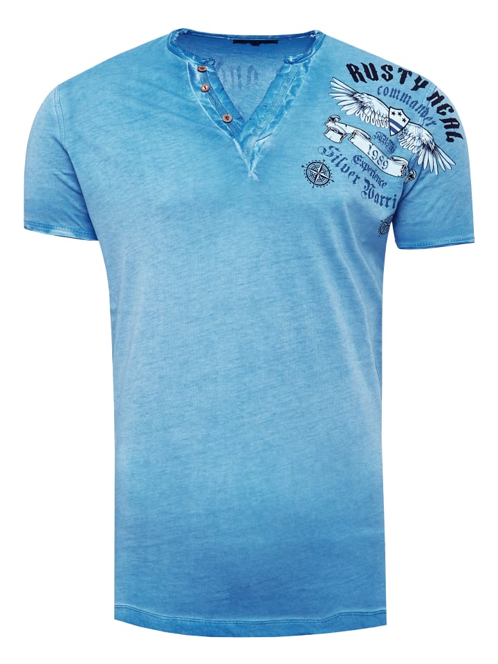 

Футболка с V-образным вырезом, стираная отделка, боковой принт, цвет бензиново-синий Rusty Neal