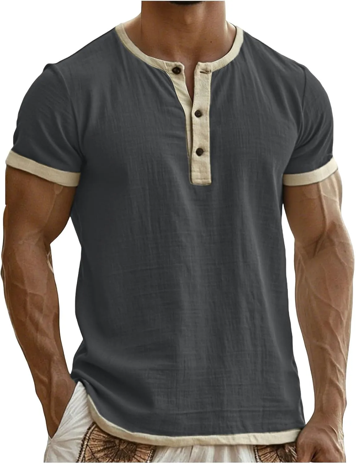 

Мужская футболка хенли с коротким рукавом, свободный крой