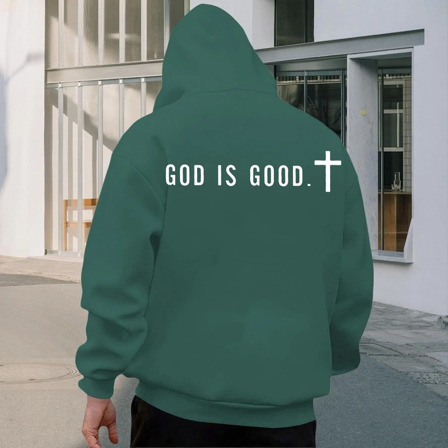 Худи мужское с принтом God Cross, бренд Generic, темно-зеленый — фото 3