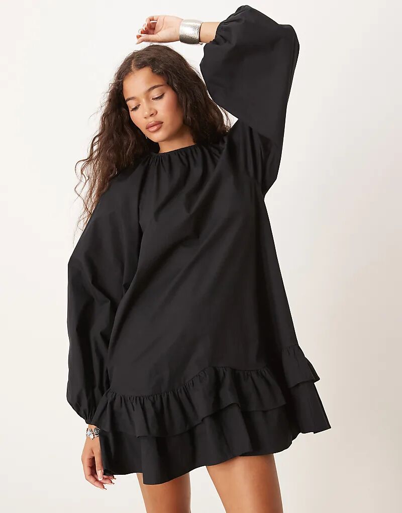 

Мини-платье ASOS DESIGN с заниженной талией, оборками и кружевной отделкой, черное