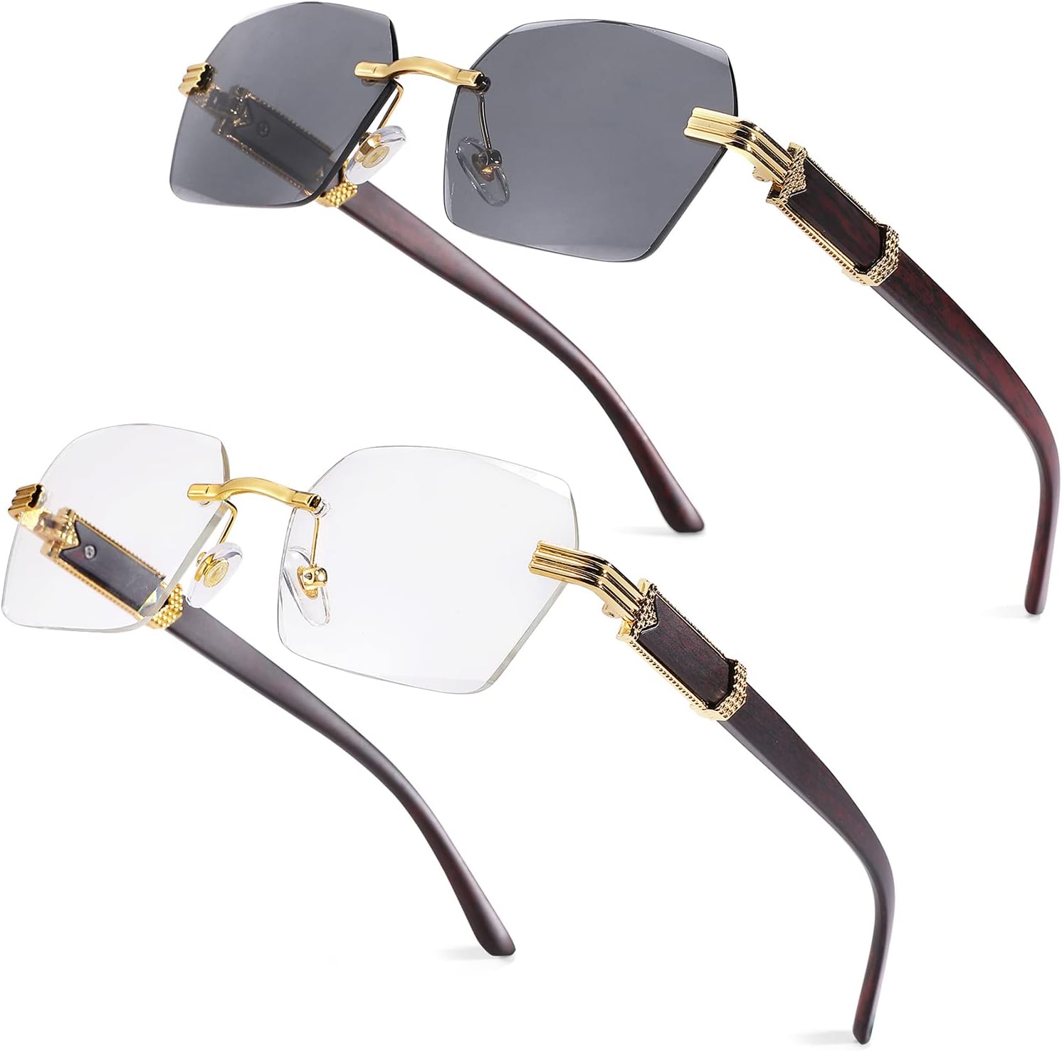 

Солнцезащитные очки Pro Acme без оправы, прямоугольной формы, для мужчин и женщин, шестиугольные солнцезащитные очки, безрамочные очки в стиле Y2K, B6 2 Pack (Clear + Grey)