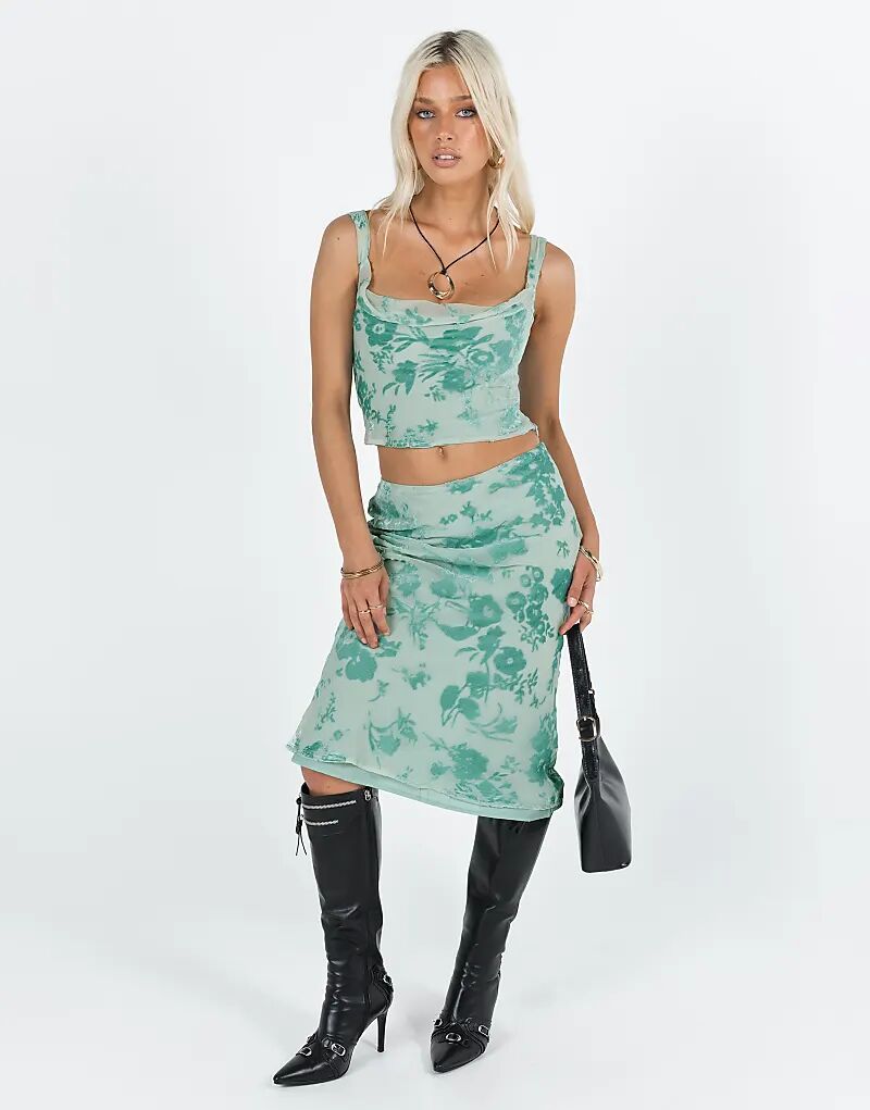 

Юбка миди из бархата Princess Polly Devore в цветочек мятного цвета