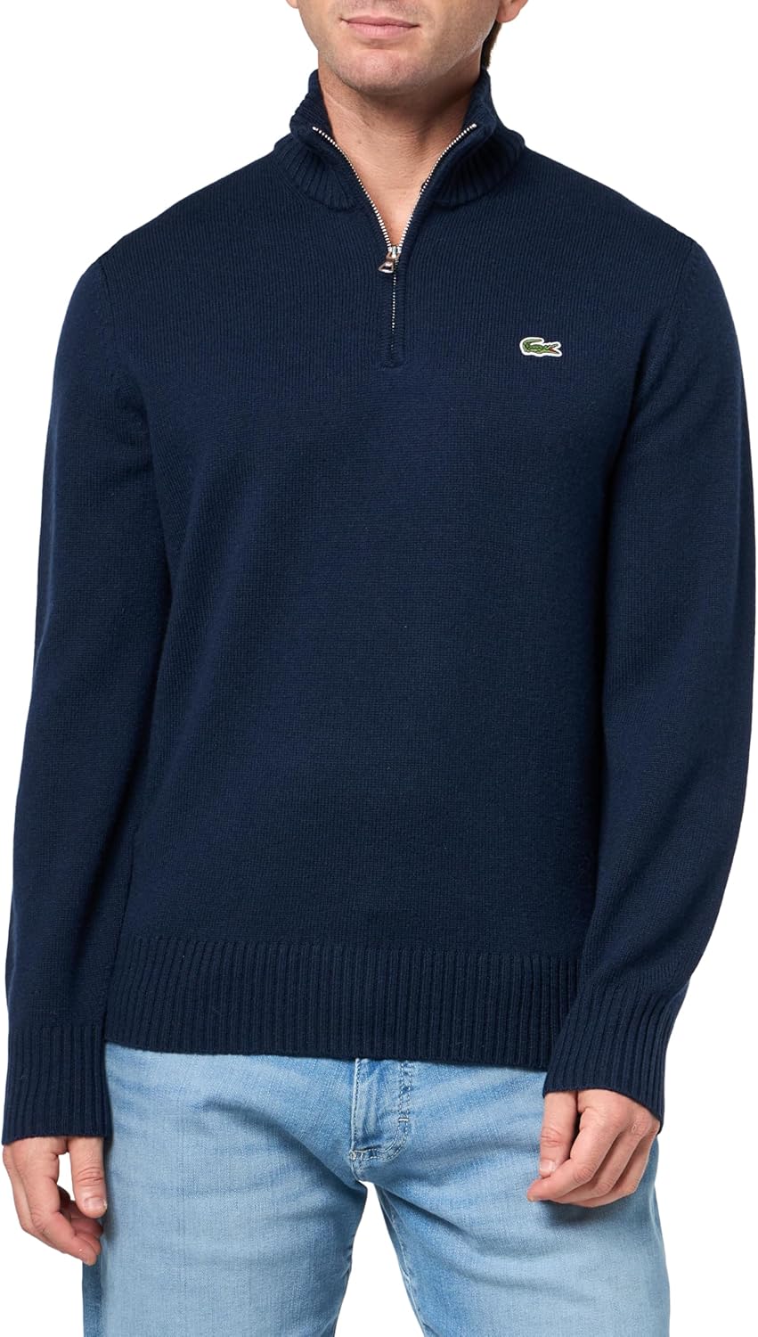 

Lacoste мужской застегивающийся на молнию водолазный кардочесаный шерстяной свитер, Navy Blue