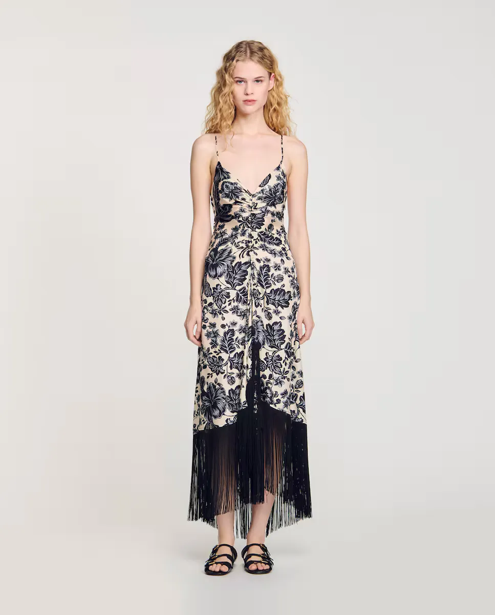 

Длинное платье с принтом и бахромой Sandro, многоцветный
