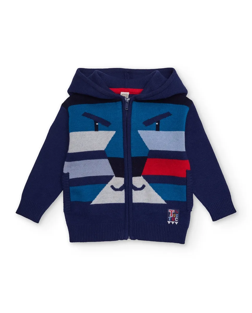 

Детский вязаный свитшот темно-синего цвета с капюшоном и геометрическим рисунком льва в ярких тонах Tuc tuc